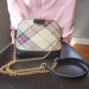 Plaid Crossbody Shoulder Bag with Gold Chain - Black & Cream